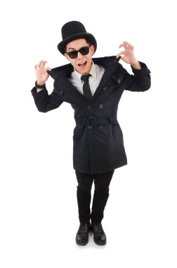 Siyah ceketli genç dedektif, beyazın üzerinde izole edilmiş.