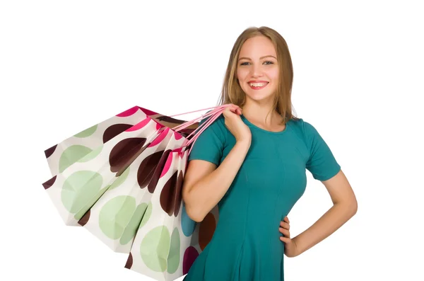 Frau im Weihnachtseinkaufskonzept auf Weiß — Stockfoto