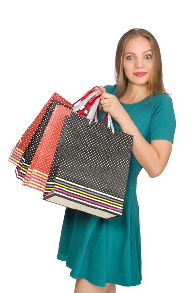 Woman in christmas shopping concept on white — Stock Photo, Image