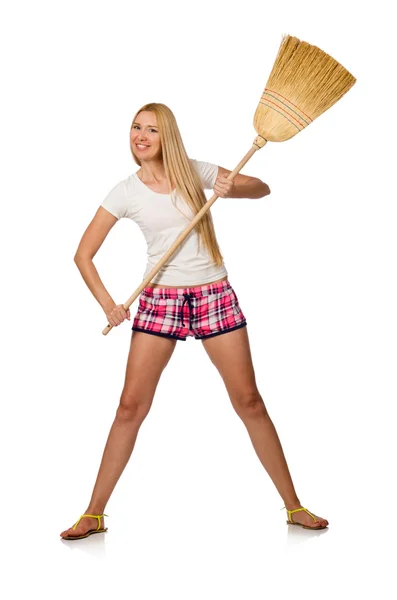 Young woman with broom isolated on white — Stock Photo, Image