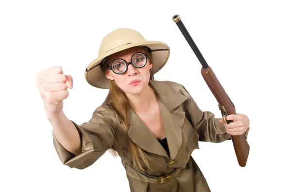 Woman wearing safari hat on white — Stock Photo, Image