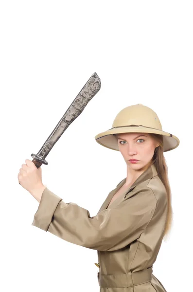 Vrouw met safari hoed op wit — Stockfoto