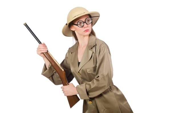 Mujer con sombrero de safari en blanco — Foto de Stock