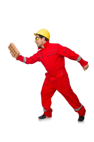 Trabajador de la construcción con ladrillos de arcilla en blanco — Foto de Stock