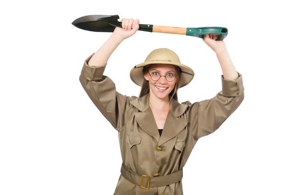 Femme portant un chapeau safari sur blanc — Photo