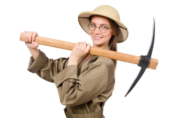 Mujer con sombrero de safari en blanco —  Fotos de Stock