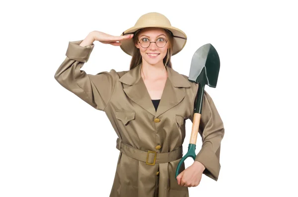 Femme portant un chapeau safari sur blanc — Photo