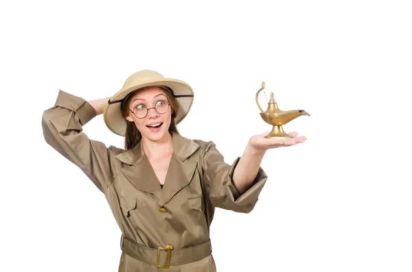Kobieta w kapeluszu safari na białym — Zdjęcie stockowe