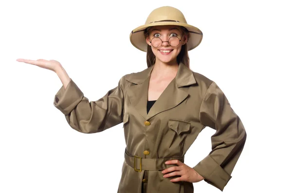 Femme portant un chapeau safari sur blanc — Photo