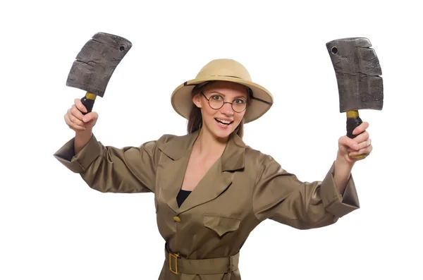 Mujer con sombrero de safari en blanco — Foto de Stock