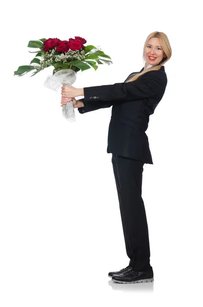 Vrouw met bos rozen geïsoleerd op wit — Stockfoto