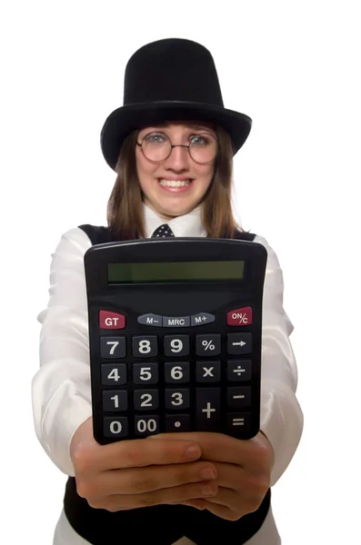 Mulher engraçada com calculadora isolada em branco — Fotografia de Stock