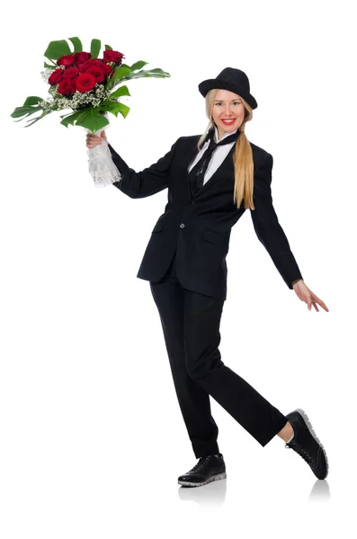 Mujer con racimo de rosas aisladas sobre blanco — Foto de Stock