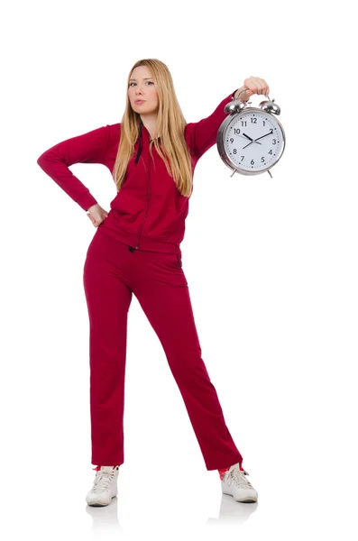 Pretty coach holding alarm clock isolated on white — Stock Photo, Image