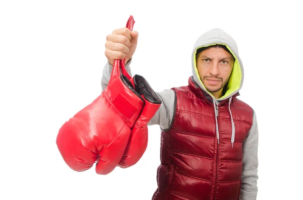 Uomo che indossa guanti da boxe isolati su bianco — Foto Stock