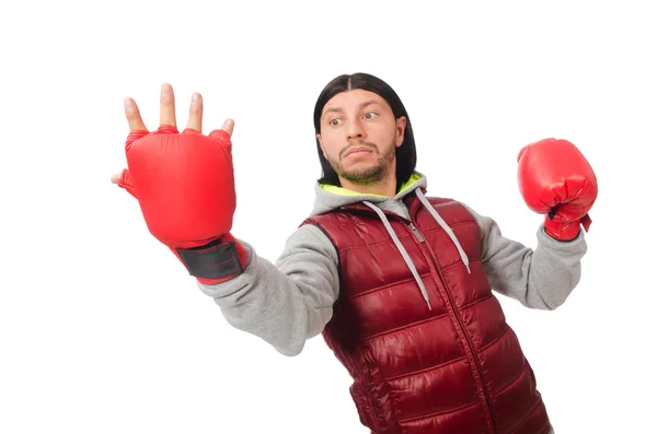 Mężczyzna w rękawicach bokserskich odizolowany na biało — Zdjęcie stockowe