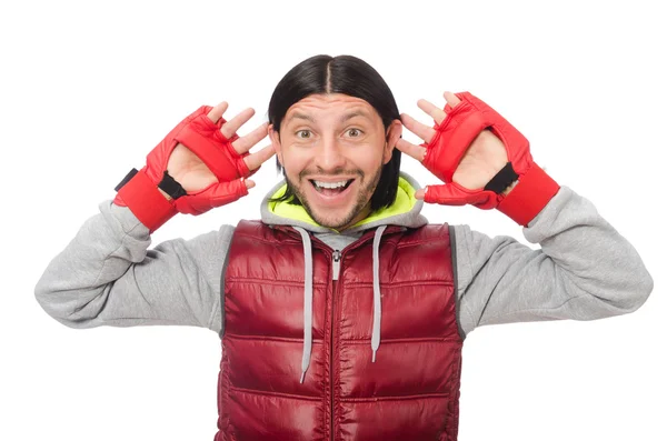 Man met bokshandschoenen geïsoleerd op wit — Stockfoto