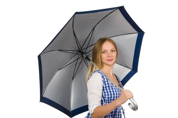 Woman with umbrella isolated on white — Stock Photo, Image