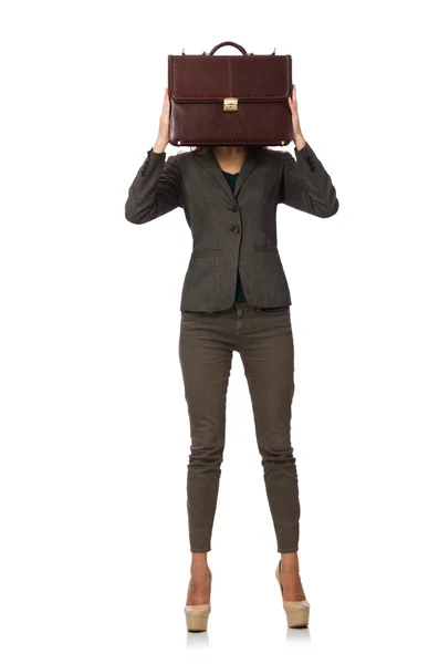 Woman businesswoman with briefcase isolated on white — Stock Photo, Image