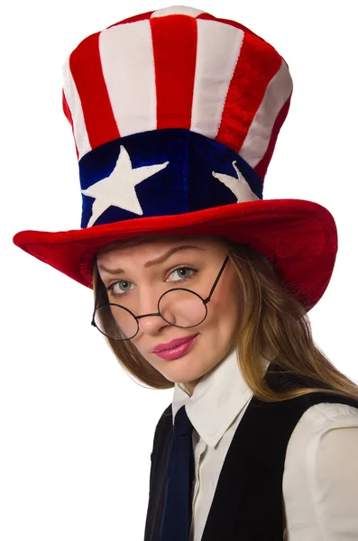 Frau trägt Hut mit amerikanischen Symbolen — Stockfoto
