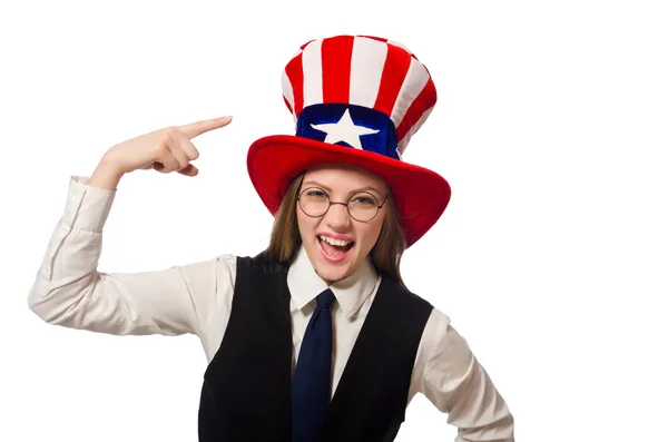 Kobieta w kapeluszu z amerykańskimi symbolami — Zdjęcie stockowe