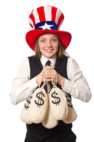 Žena s pytli na peníze izolované na bílém — Stock fotografie