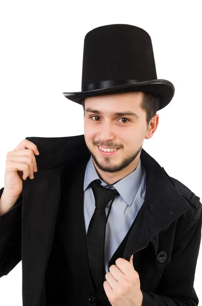 Jongeman in jas en hoed geïsoleerd op wit — Stockfoto