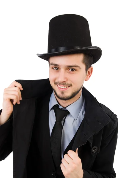 Joven con abrigo y sombrero aislado en blanco — Foto de Stock