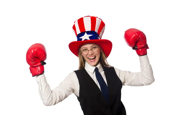 Mujer con guantes de boxeo aislados en blanco —  Fotos de Stock