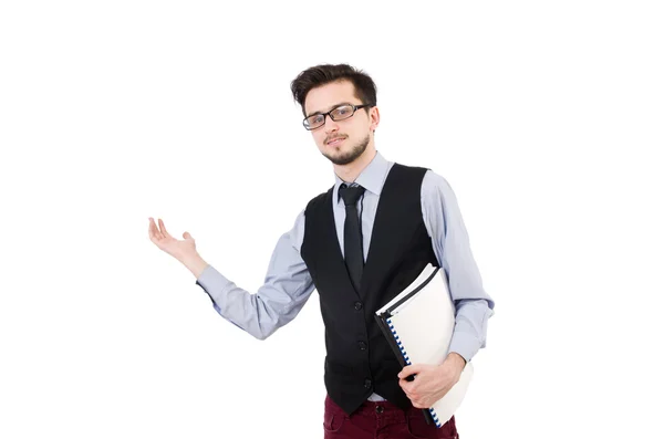 Funcionário de escritório segurando papel isolado em branco — Fotografia de Stock