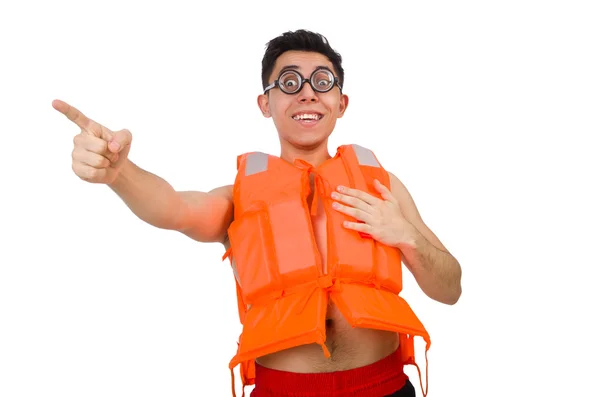 Hombre divertido con chaleco de seguridad naranja — Foto de Stock