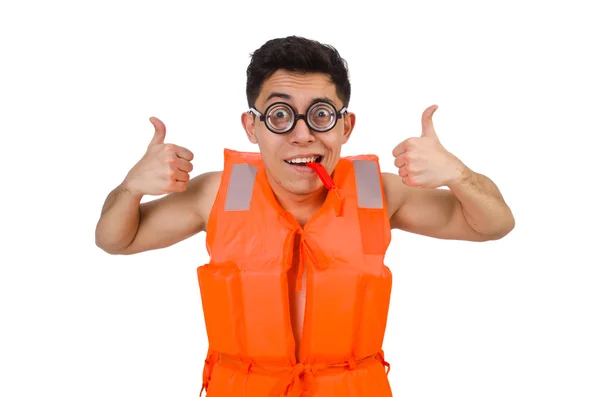 Hombre divertido con chaleco de seguridad naranja — Foto de Stock