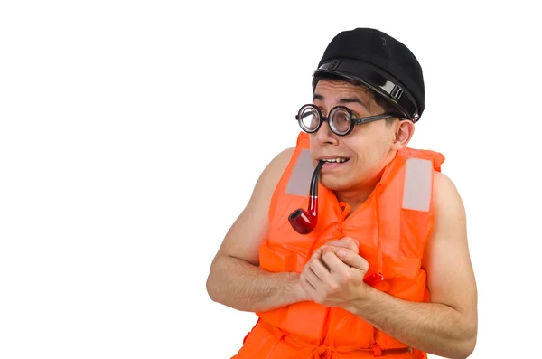 Смешной человек в оранжевом спасательном жилете — стоковое фото