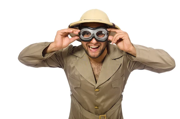 Man in safari hat with goggles on white — Stock Photo, Image