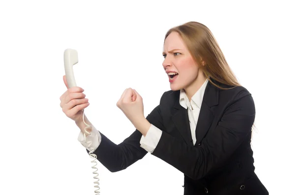 Bonito funcionário de escritório segurando telefone isolado no branco — Fotografia de Stock