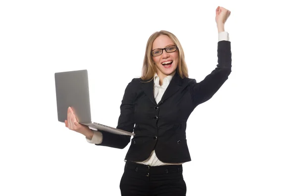 Pretty office employee with laptop isolated on white — Stock Photo, Image