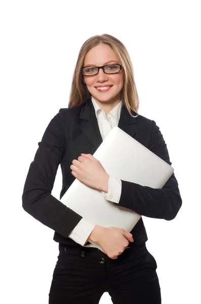 Hübsche Büroangestellte mit Laptop in Weiß — Stockfoto