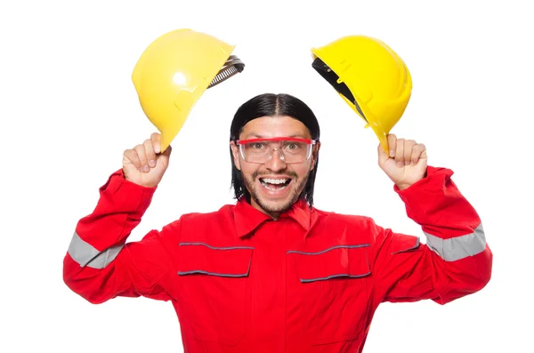 Man wearing red coveralls isolated on white — Stock Photo, Image