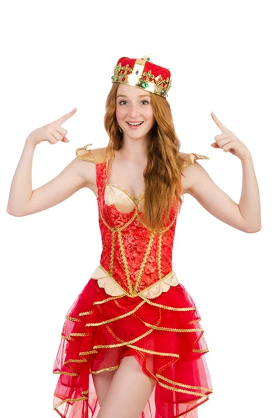 Πριγκίπισσα φορώντας στέμμα και κόκκινο φόρεμα απομονώνονται σε λευκό — Φωτογραφία Αρχείου