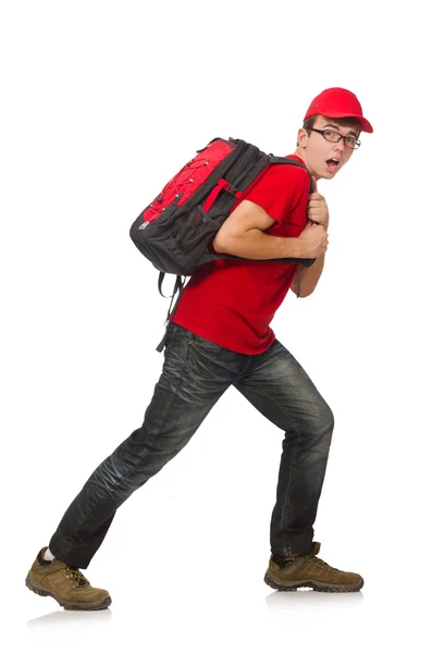 Young traveller with backpack isolated on white — Stock Photo, Image