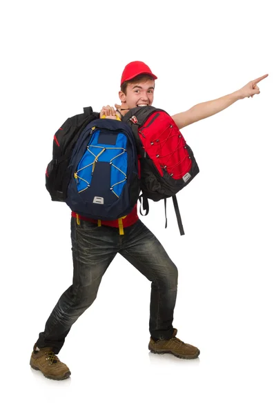 Jonge reiziger met rugzak geïsoleerd op wit — Stockfoto