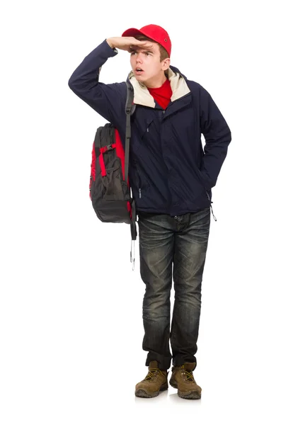 年轻的旅行家，背负白色背包，与世隔绝 — 图库照片
