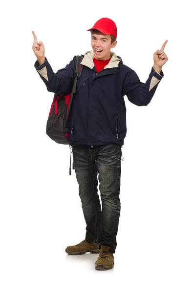 Νεαρός ταξιδιώτης με σακίδιο πλάτης απομονωμένο σε λευκό — Φωτογραφία Αρχείου