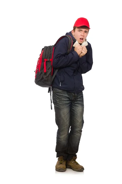 Young traveller with backpack isolated on white — Stock Photo, Image