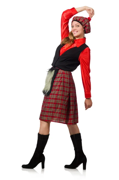 Funny woman in scottish clothing on white — Stock Photo, Image