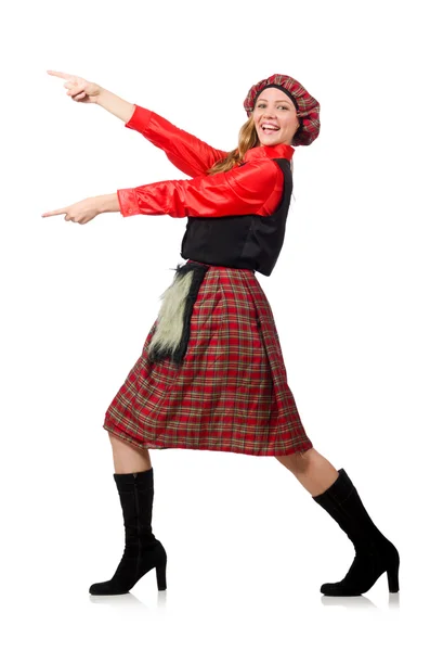 Funny woman in scottish clothing on white — Stock Photo, Image