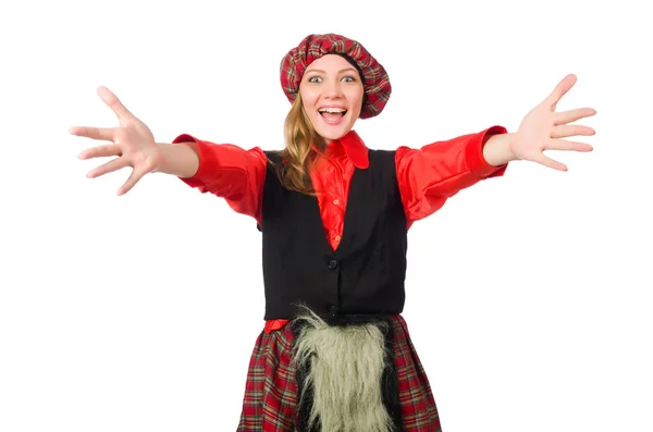 Funny woman in scottish clothing on white — Stock Photo, Image