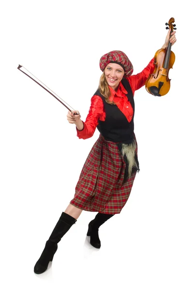 Vtipná žena ve skotském oblečení s houslemi — Stock fotografie