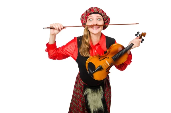 Mujer divertida en ropa escocesa con violín —  Fotos de Stock