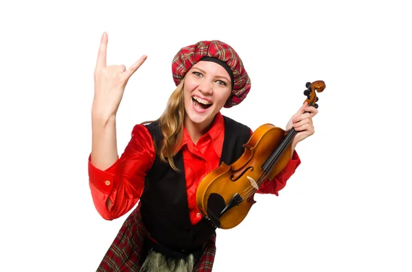 Αστεία γυναίκα με σκωτσέζικα ρούχα με βιολί — Φωτογραφία Αρχείου